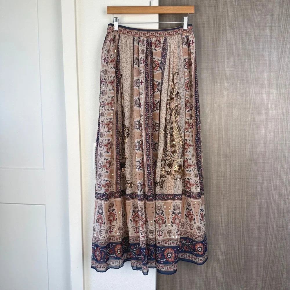 Anthropologie Let Me Be Embroidered Maxi Skirt Beaded Boho Ethereal Size Small